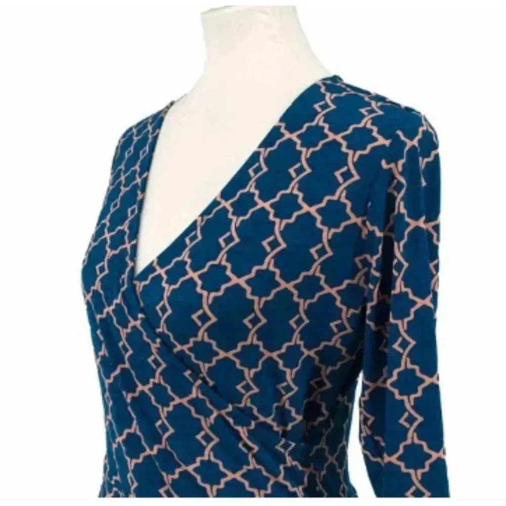 41 Hawthorn Teal Blue Peach Geometric Wrap Dress 3/4 Sleeve Small - Picture 3 of 9